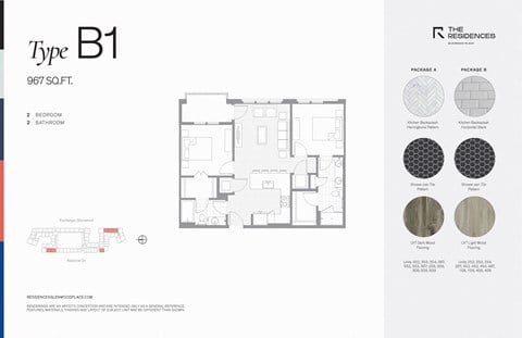 Floor plan for 2 beds, 2 baths, 994 sqft